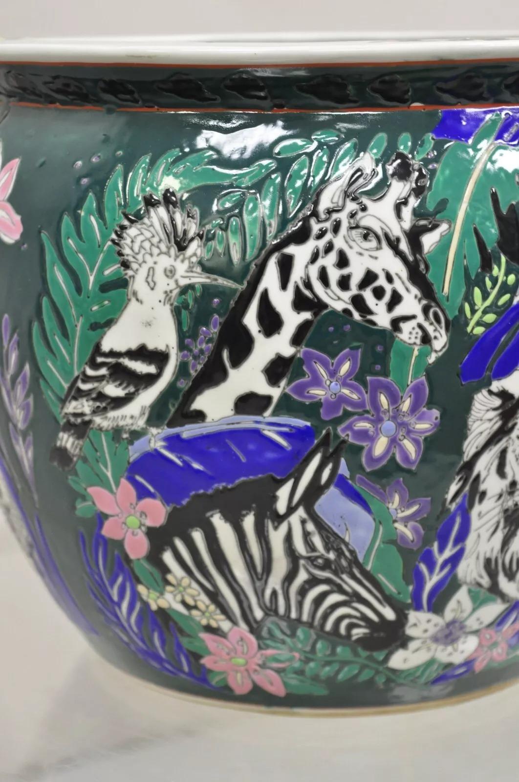 Vintage Japanese Porcelain African Wild Animal Jardiniere Cachepot Planter Pot For Sale 4