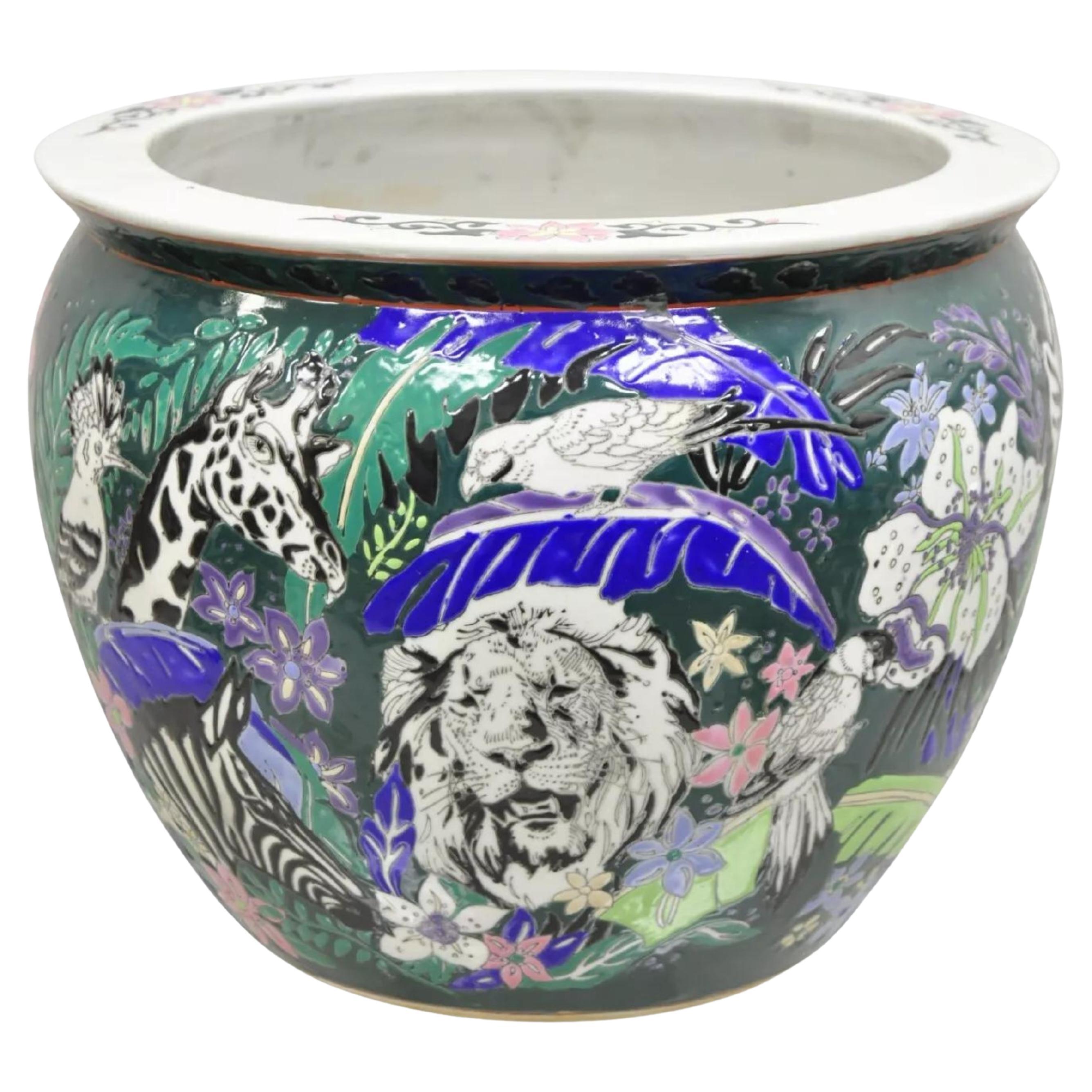 Vintage Japanese Porcelain African Wild Animal Jardiniere Cachepot Planter Pot For Sale