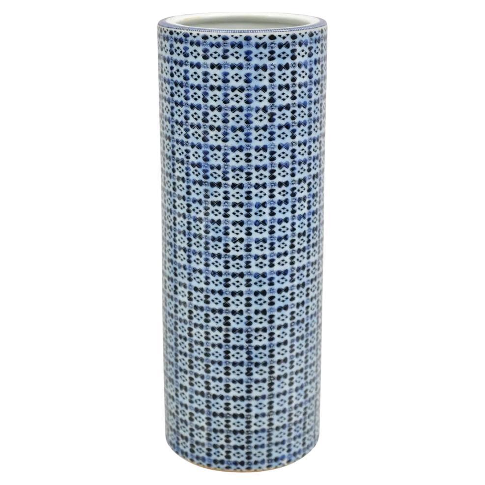 Vaso cilindrico rotondo alto 11" in porcellana giapponese vintage blu