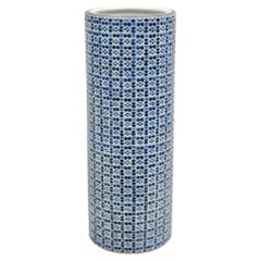 Vintage Japanese Porcelain Blue 11" Tall Round Cylinder Vase