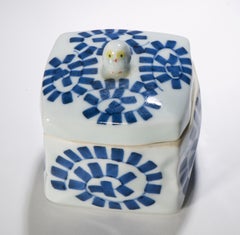 Vintage Japanese Porcelain Box & Lid Arita Sometsuke Blue White Owl Handle