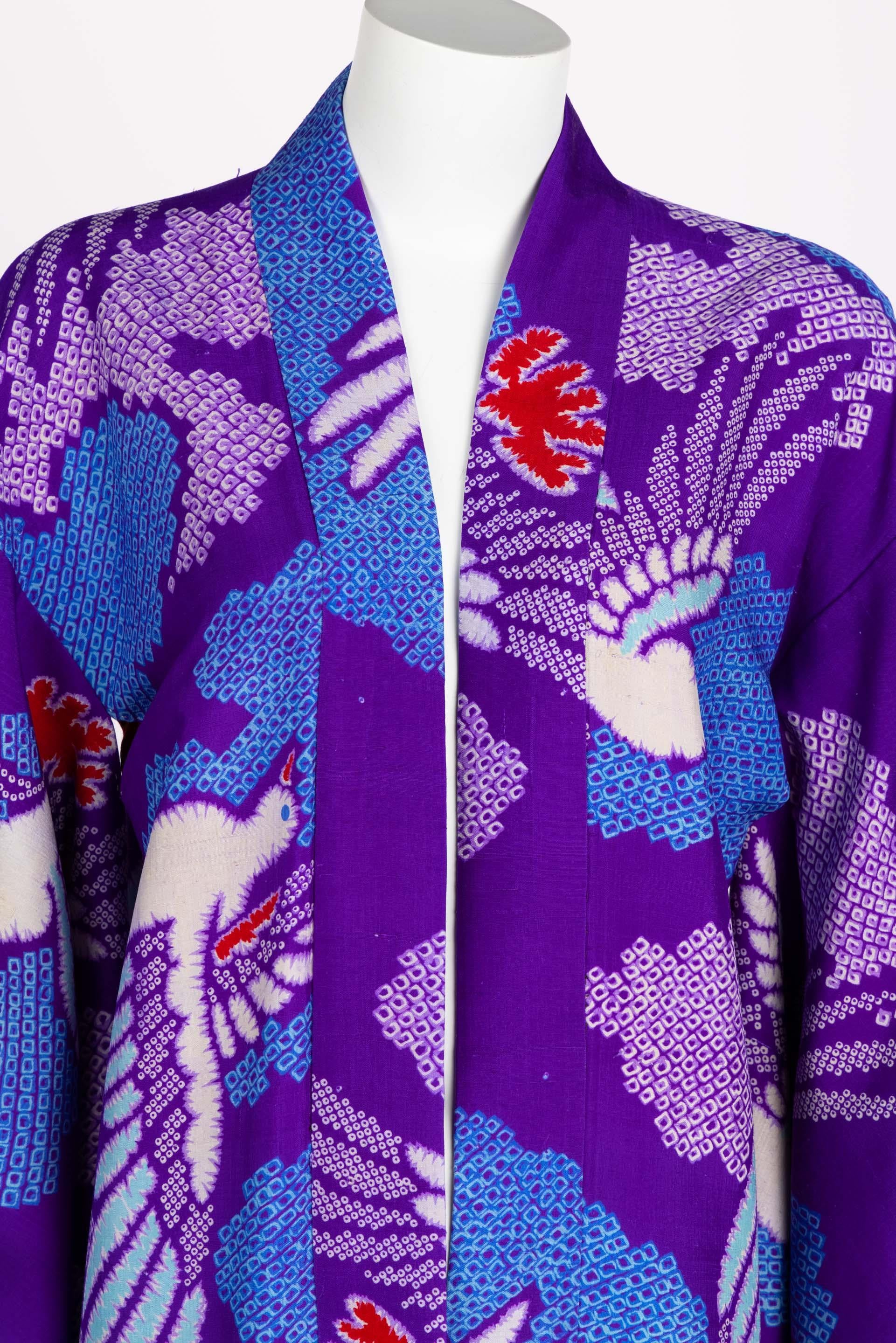 Vintage Japanese Purple Blue Bird Kimono Jacket For Sale 1