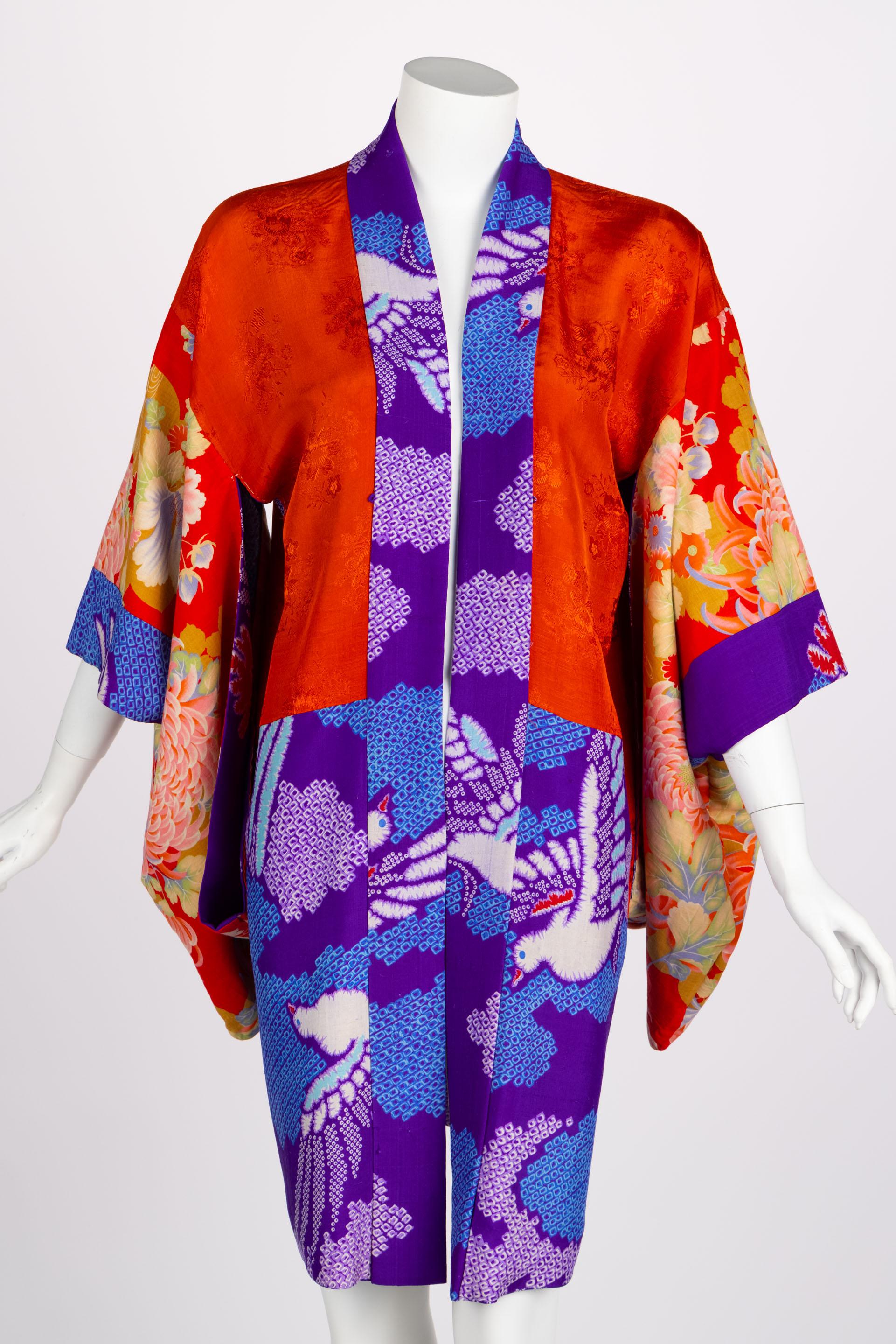 Vintage Japanese Purple Blue Bird Kimono Jacket For Sale 3
