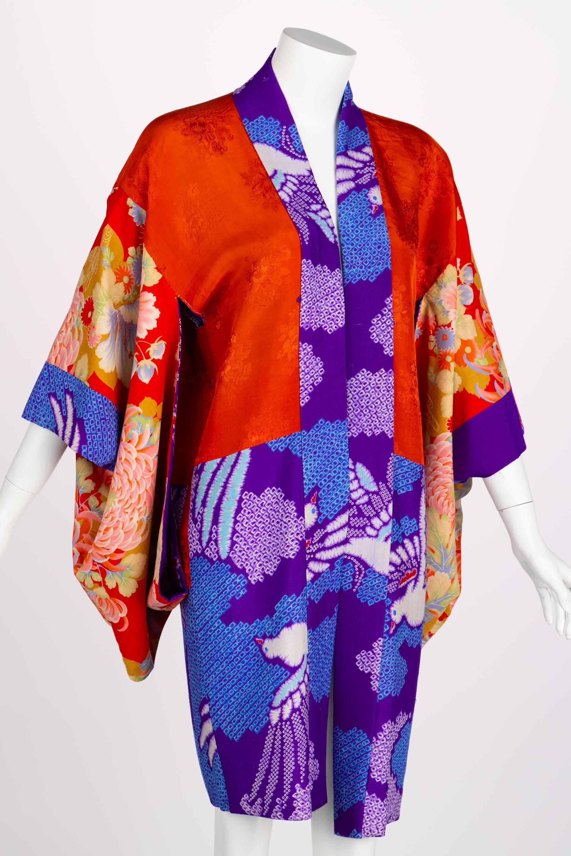 Japanische lila-blaue Vogel-Kimono-Jacke im Angebot 4