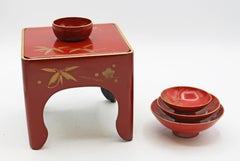 Vintage Japanese Red Lacquer Sakazuki Sake Set With Stand