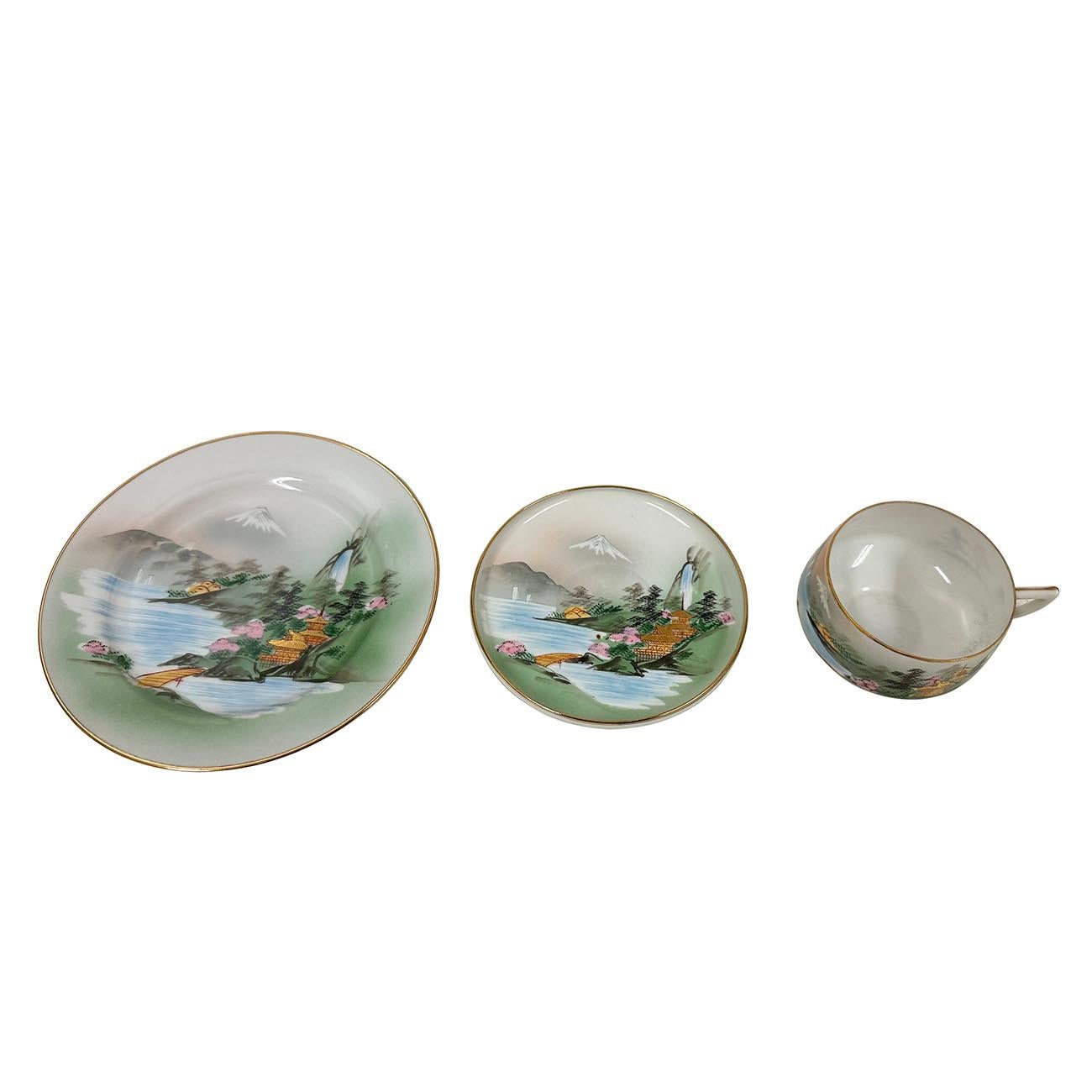 20th Century Vintage Japanese Rokko Hand Painted Eggshell Porcelain Tea Set for 5