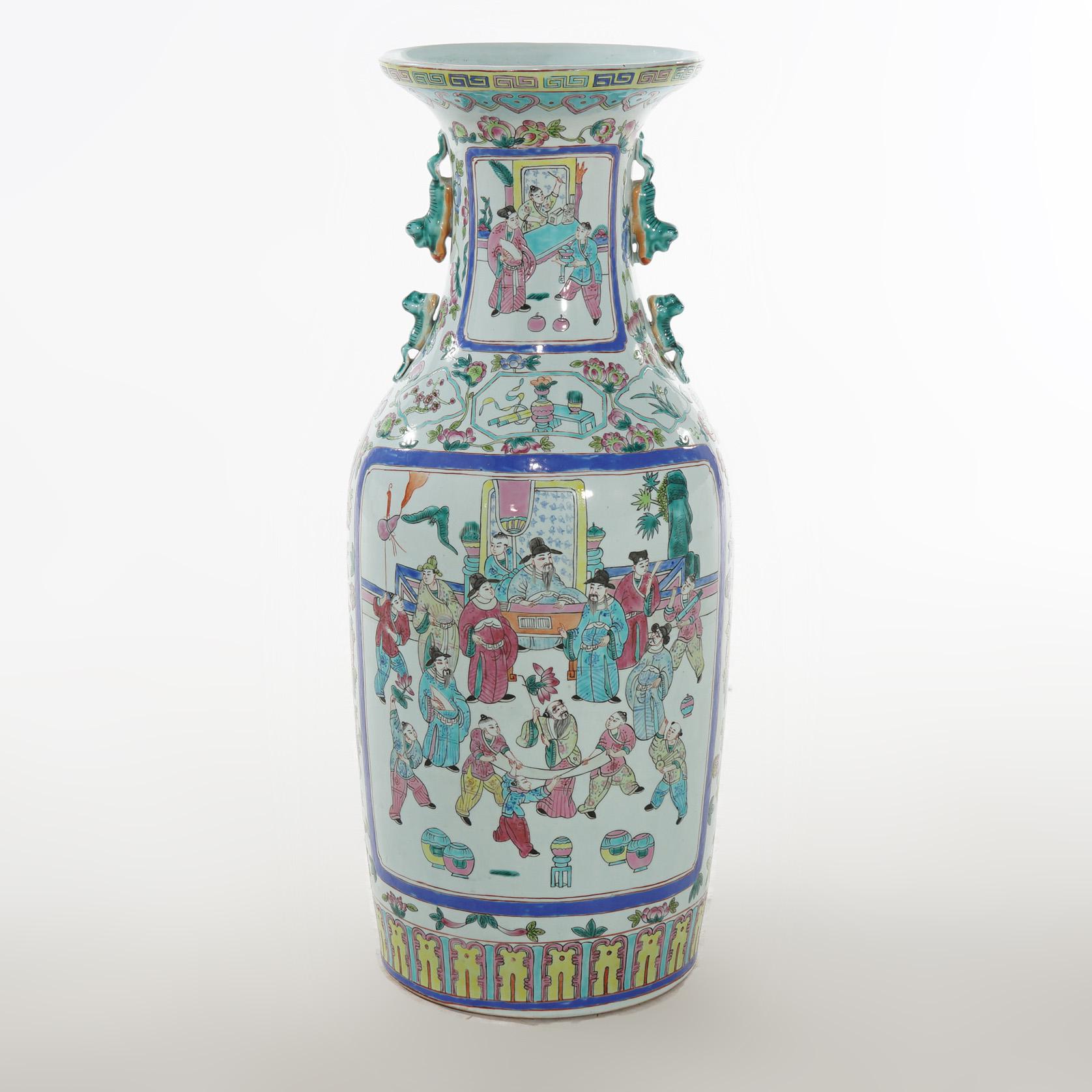 Asian Vintage Japanese Rose Medallion Porcelain Floor Vase with Genre Scenes C1930