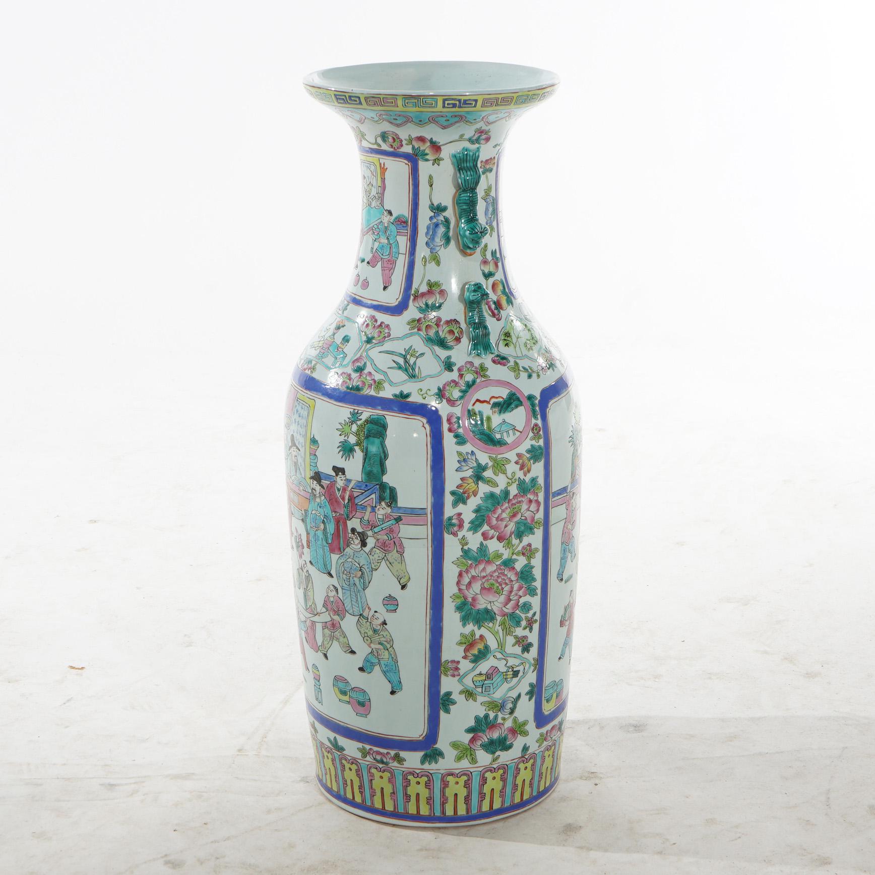 Vintage Japanese Rose Medallion Porcelain Floor Vase with Genre Scenes C1930 In Good Condition In Big Flats, NY