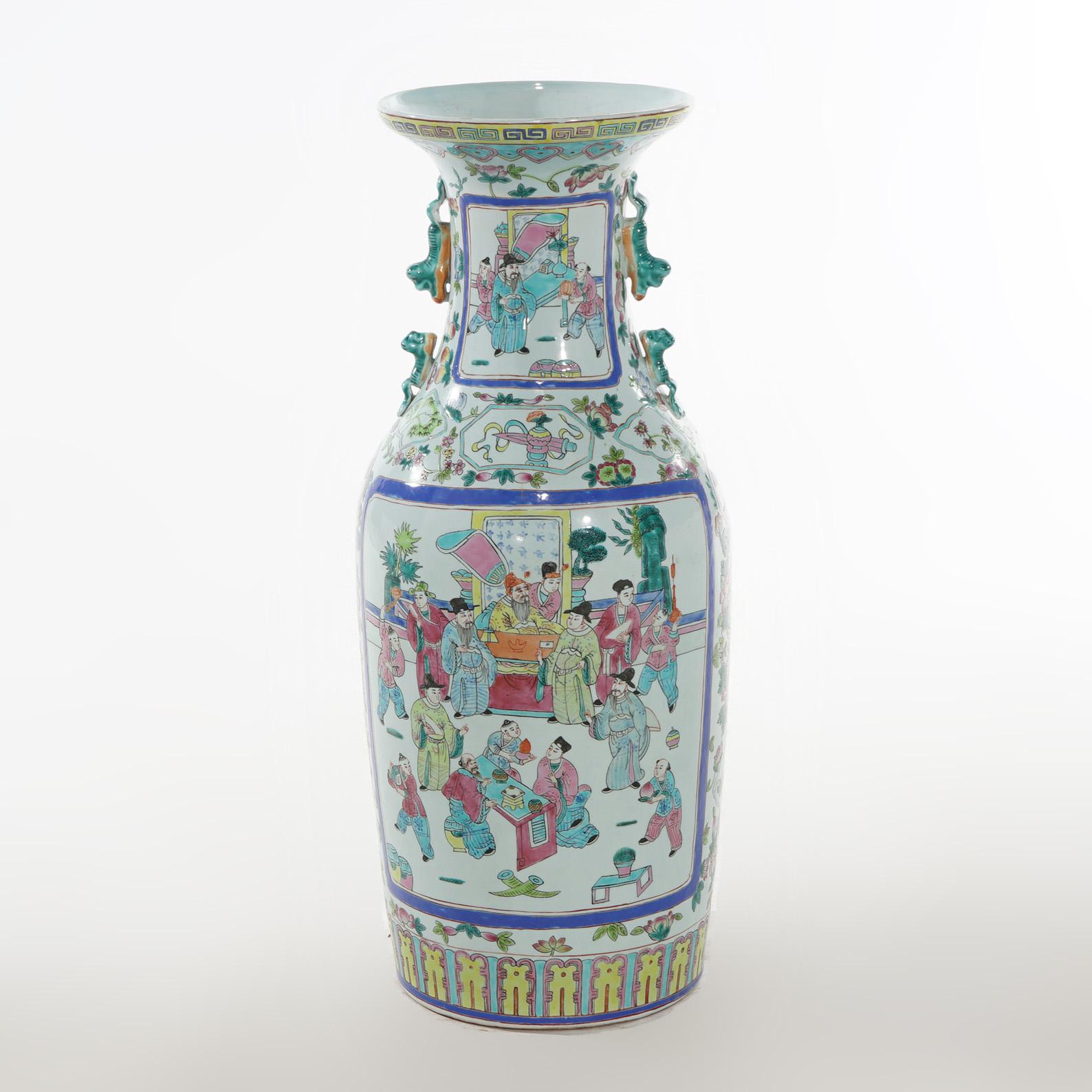20th Century Vintage Japanese Rose Medallion Porcelain Floor Vase with Genre Scenes C1930