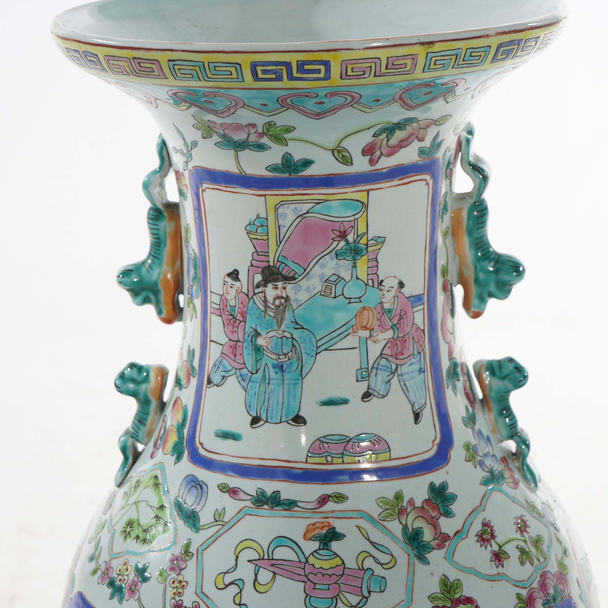 Ceramic Vintage Japanese Rose Medallion Porcelain Floor Vase with Genre Scenes C1930
