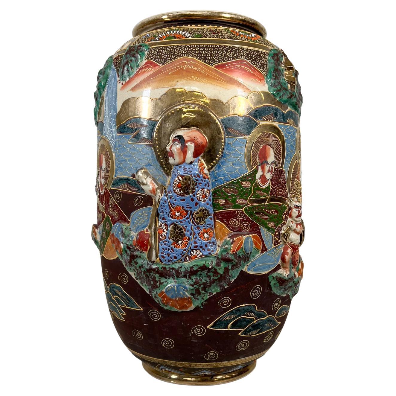 Vintage Japanese Satsuma Ceramic Vase with Colorful High Relief Decoration