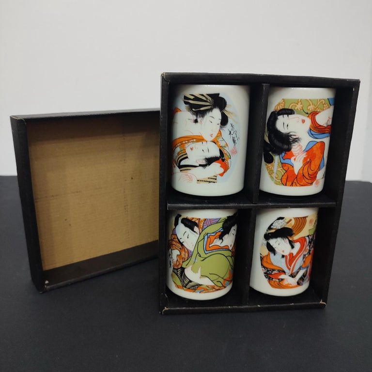 Vintage Japanese Set of 4 Sake Ceramic Cups Erotic Scenes For Sale at 1stDibs