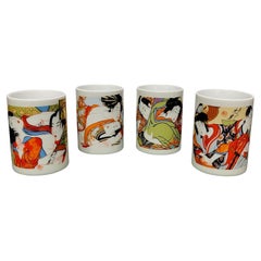 Vintage Japanese Set of 4 Sake Ceramic Cups Erotic Scenes