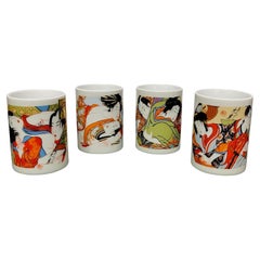 Retro Japanese Set of 4 Sake Ceramic Cups Erotic Scenes