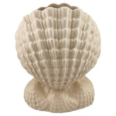 Vintage Japanese Shell Ceramic Vase or Planter in Ivory Crackle Glaze