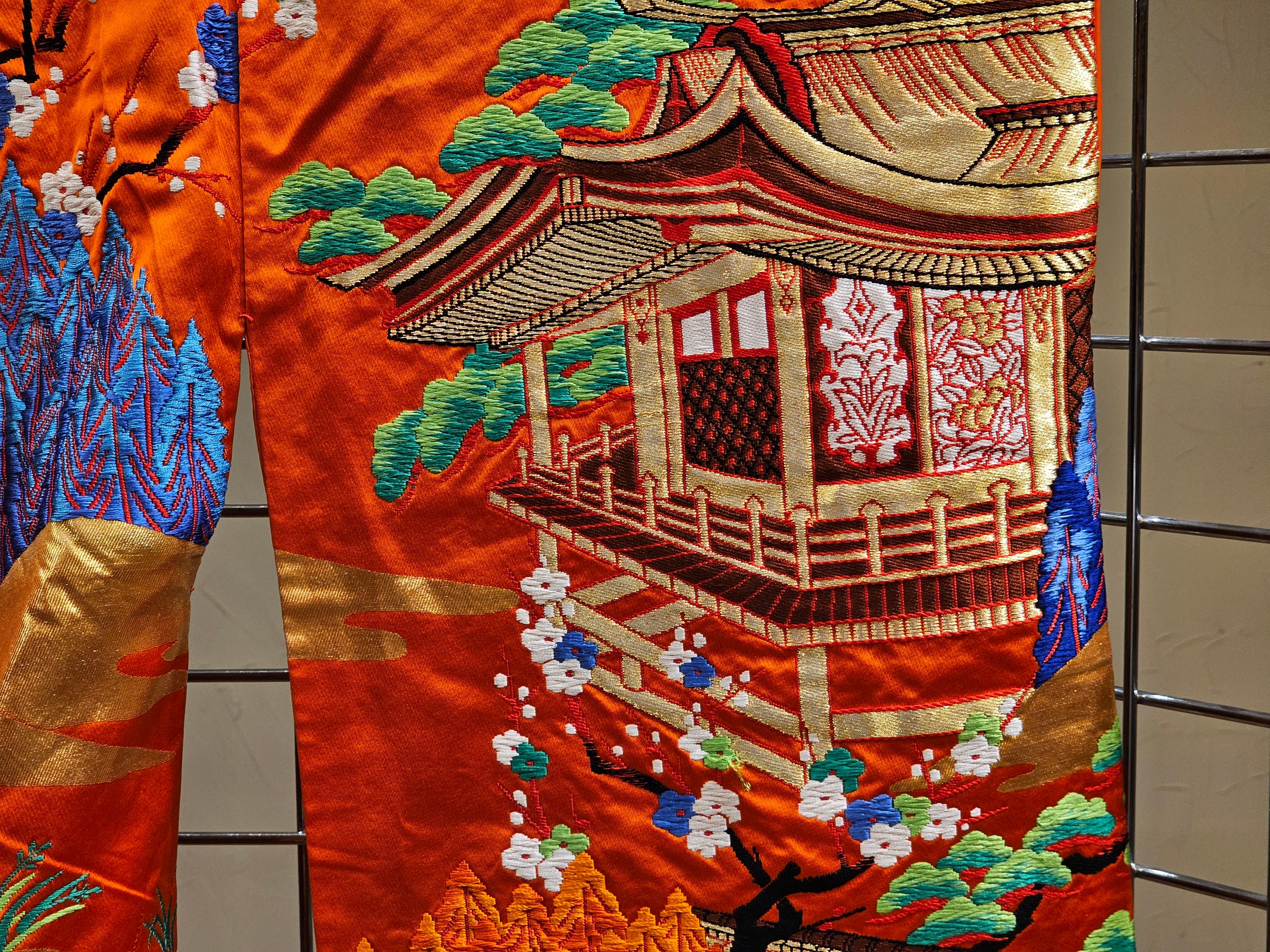 Vintage Japanese Silk Brocade Embroidery Ceremonial Kimono in Green, Red, Blue For Sale 5