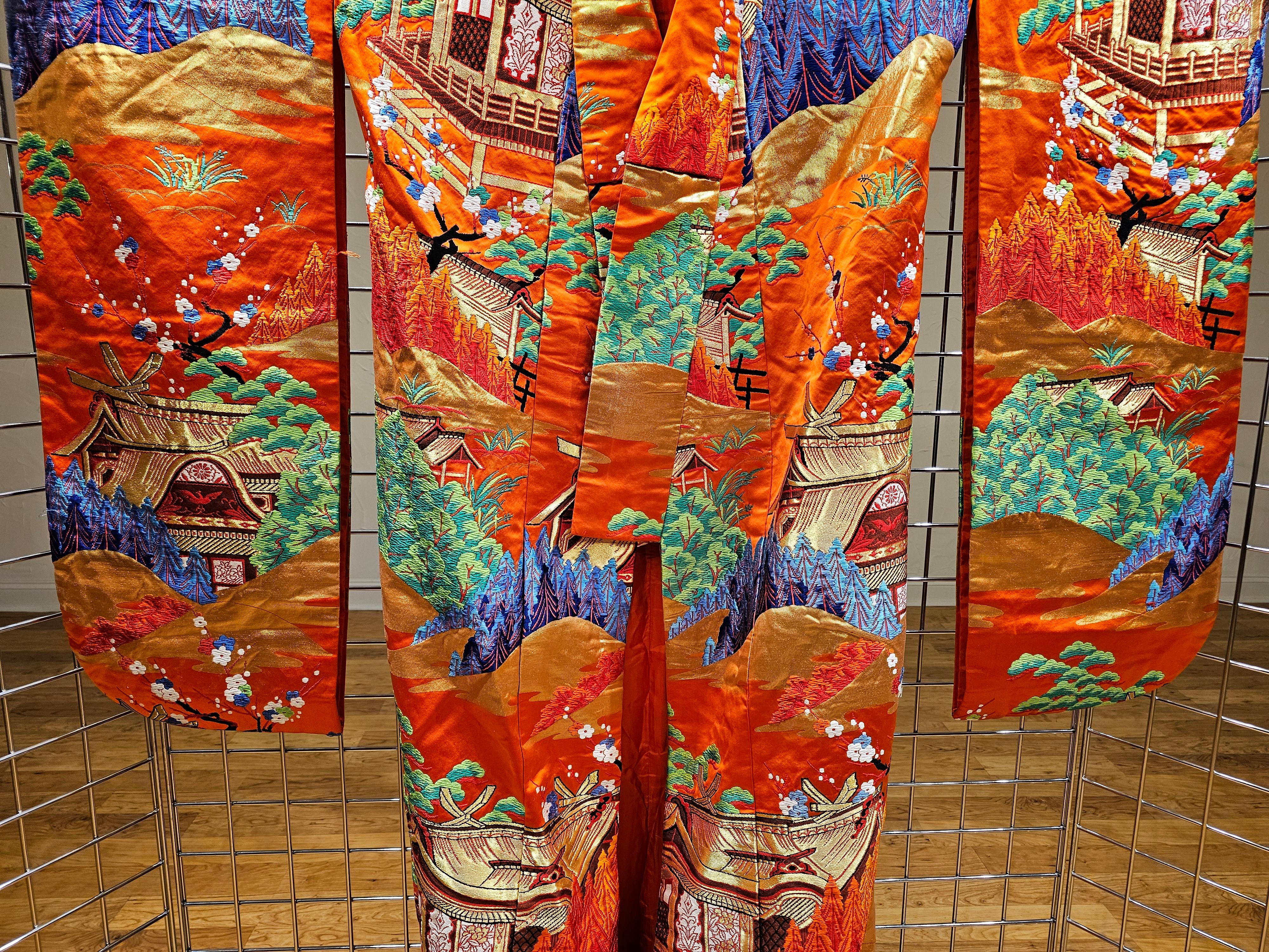 Hand-Crafted Vintage Japanese Silk Brocade Embroidery Ceremonial Kimono in Green, Red, Blue For Sale