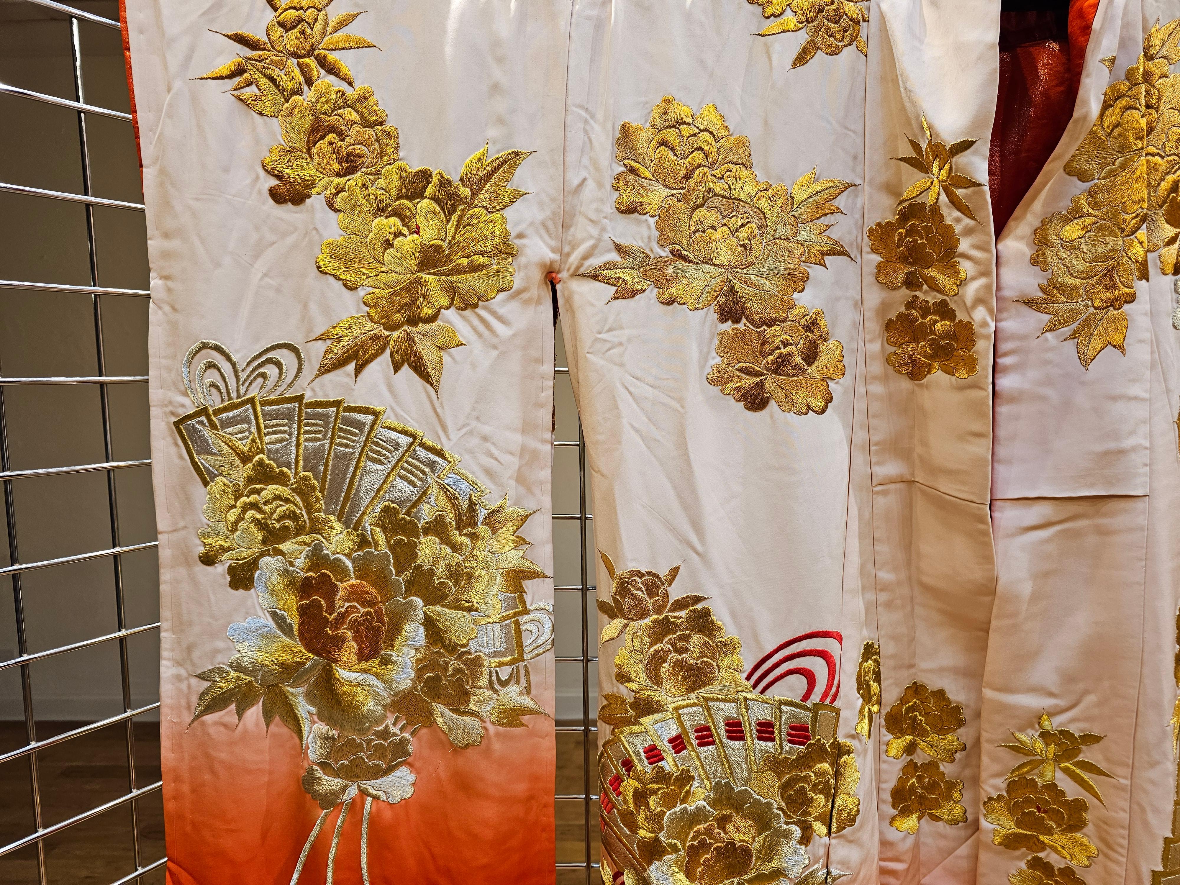 Hand-Crafted Vintage Japanese Silk Brocade Embroidery Ceremonial Kimono in Ivory, Red, Gold For Sale
