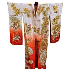 Antique Japanese Silk Brocade Embroidery Ceremonial Kimono in Ivory, Red, Gold