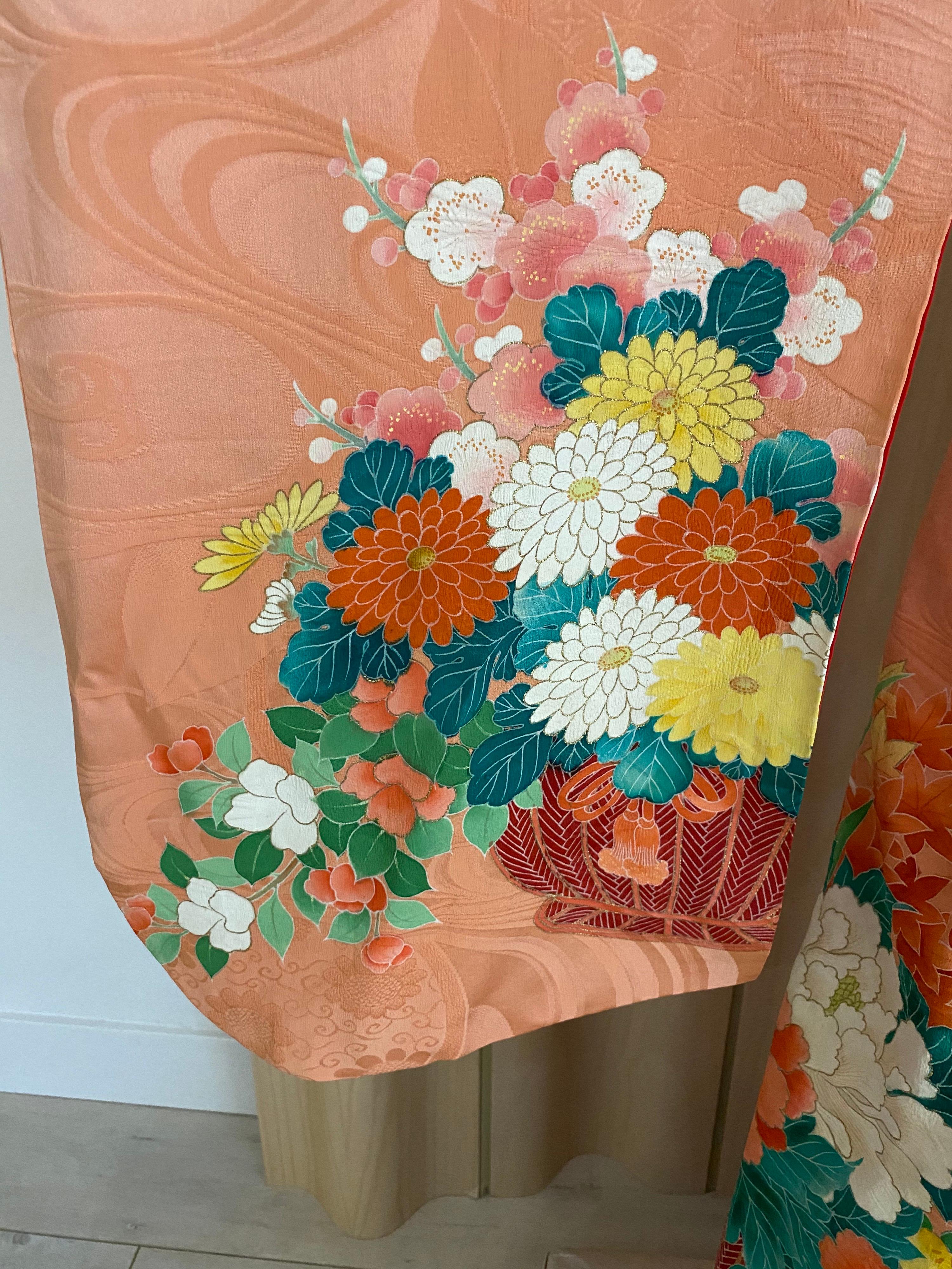 Kimono vintage japonés de seda Naranja en venta