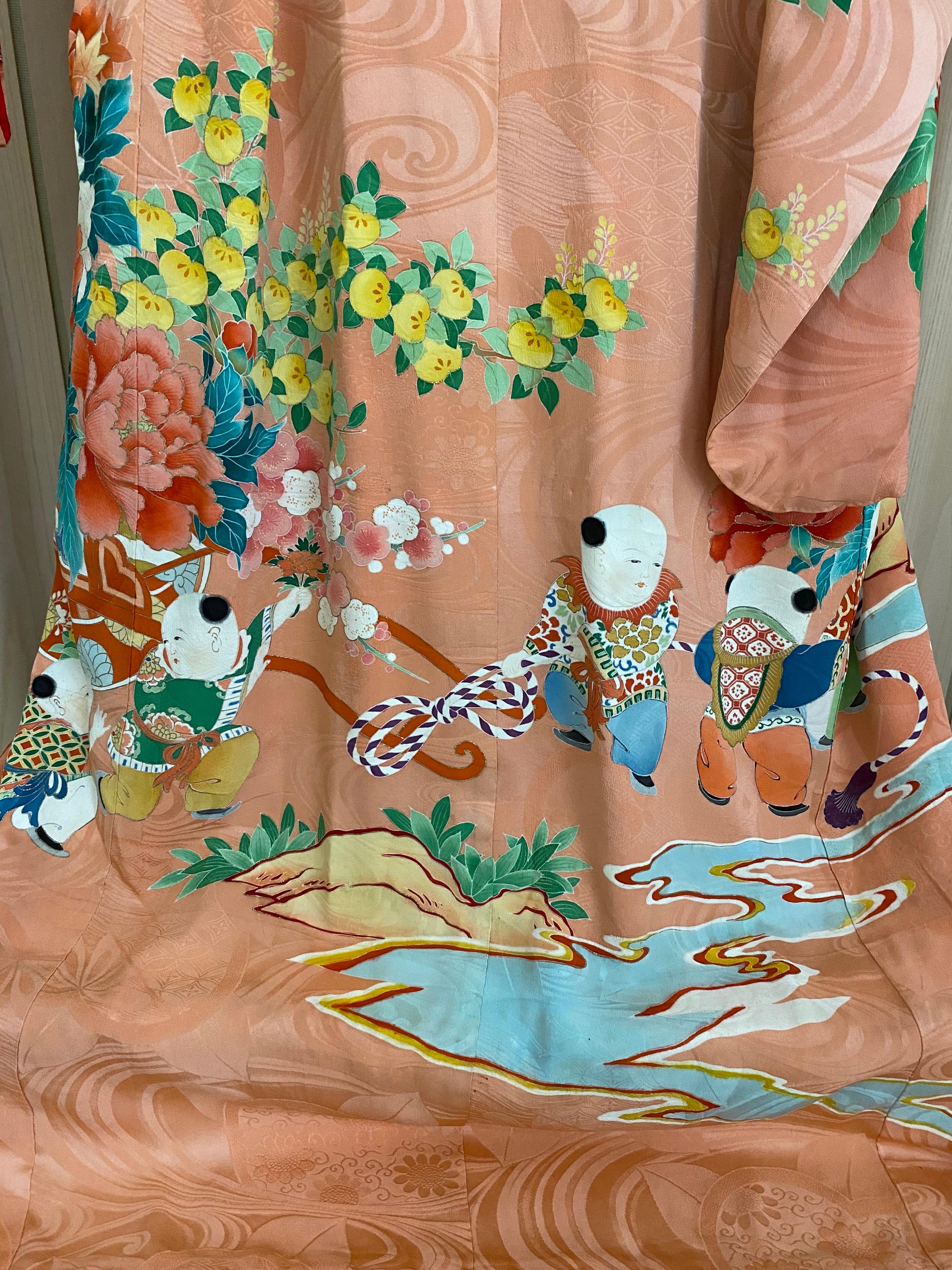 Orange Vintage Japanese Silk Kimono  For Sale
