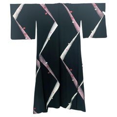 Vintage Japanese Silk Meisen Kimono with Geometrical Design