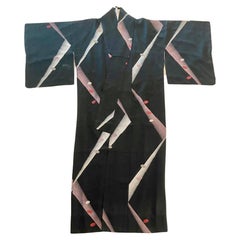 Retro Japanese Silk Meisen Kimono with Geometrical Design