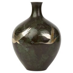 Vintage Japanese Silver Inlaid Patinated Bronze Vase, 20th Century