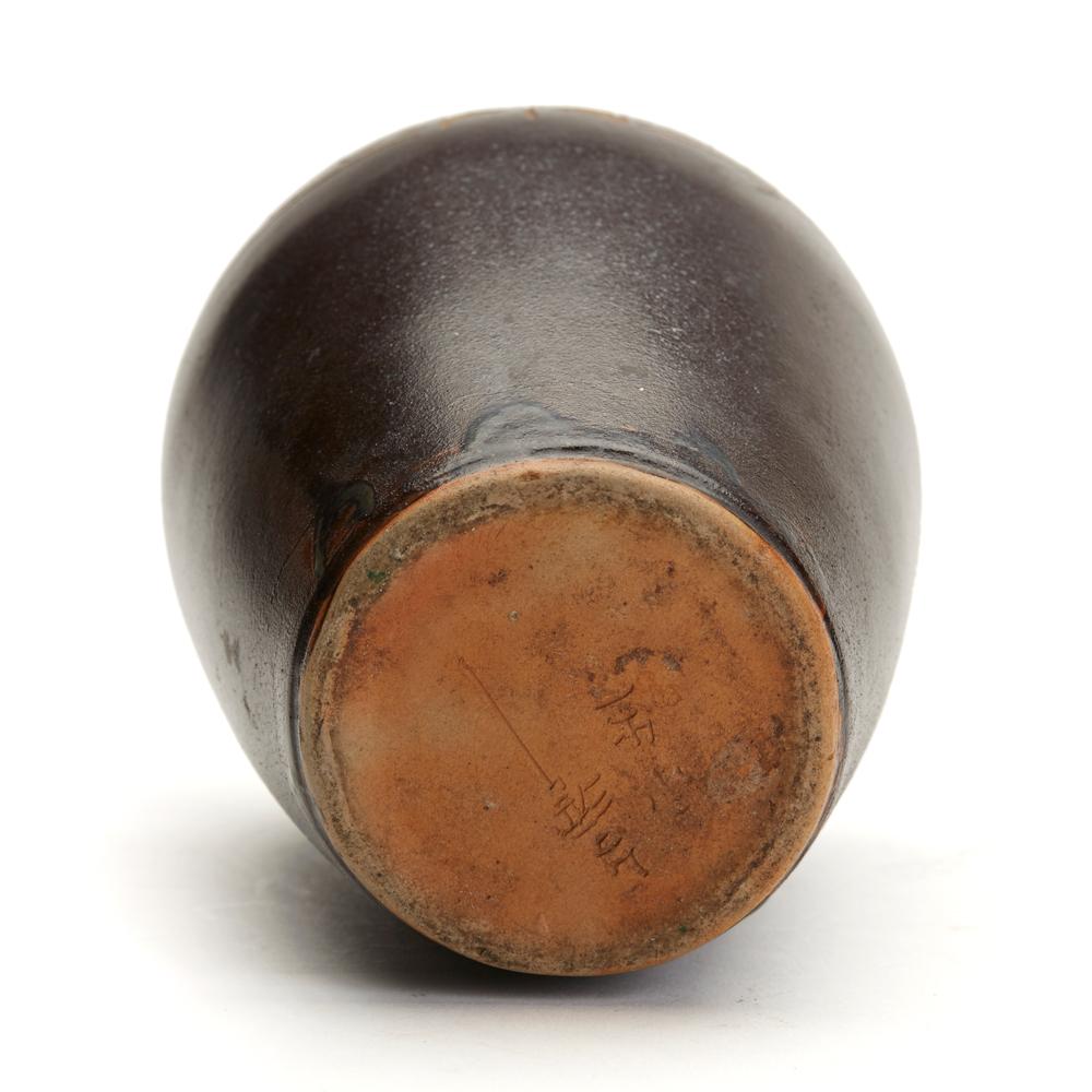 Etched Vintage Japanese Studio Pottery Stoneware Insect Design Vase, Signed For Sale