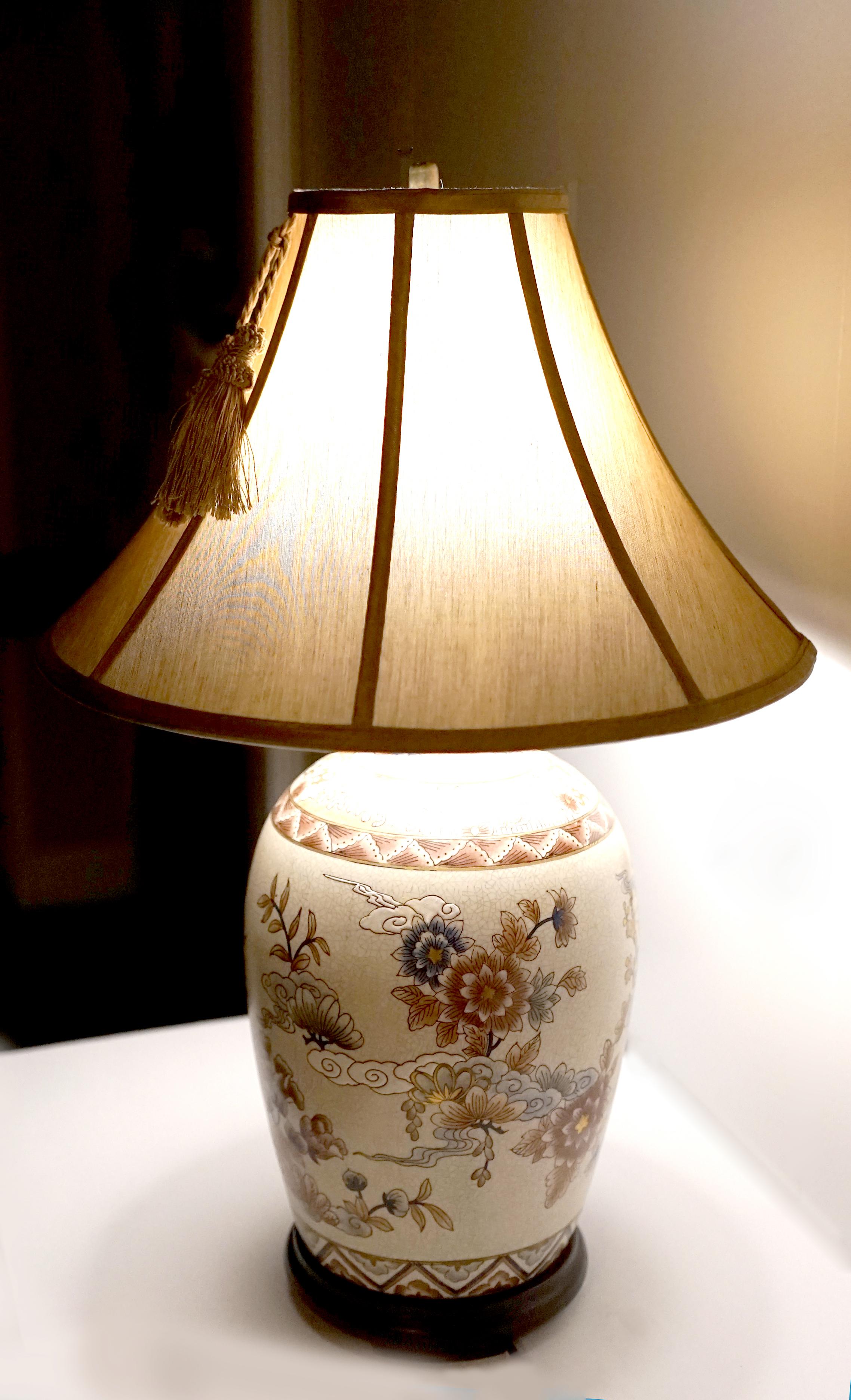 Hand-Painted Vintage Japanese Table Lamp with Geometric, Birds, Clouds Motif For Sale