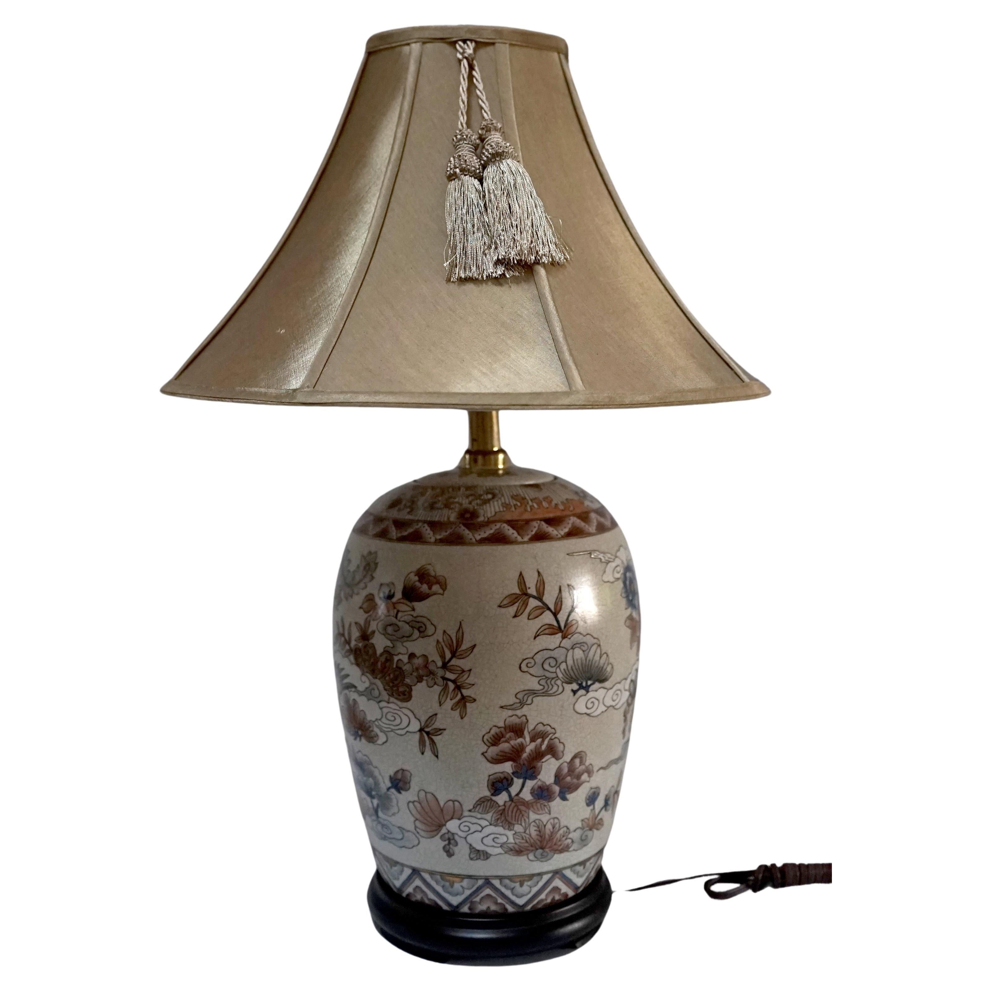 Vintage Japanese Table Lamp with Geometric, Birds, Clouds Motif