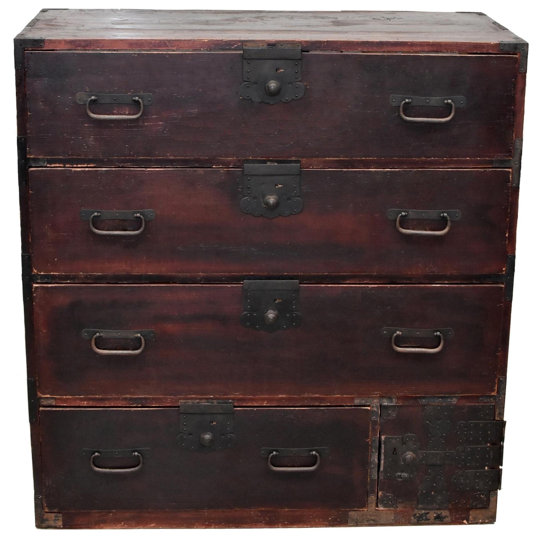Vintage Japanese Tansu 6Drawer Chest with Iron Hardware, Meiji Period