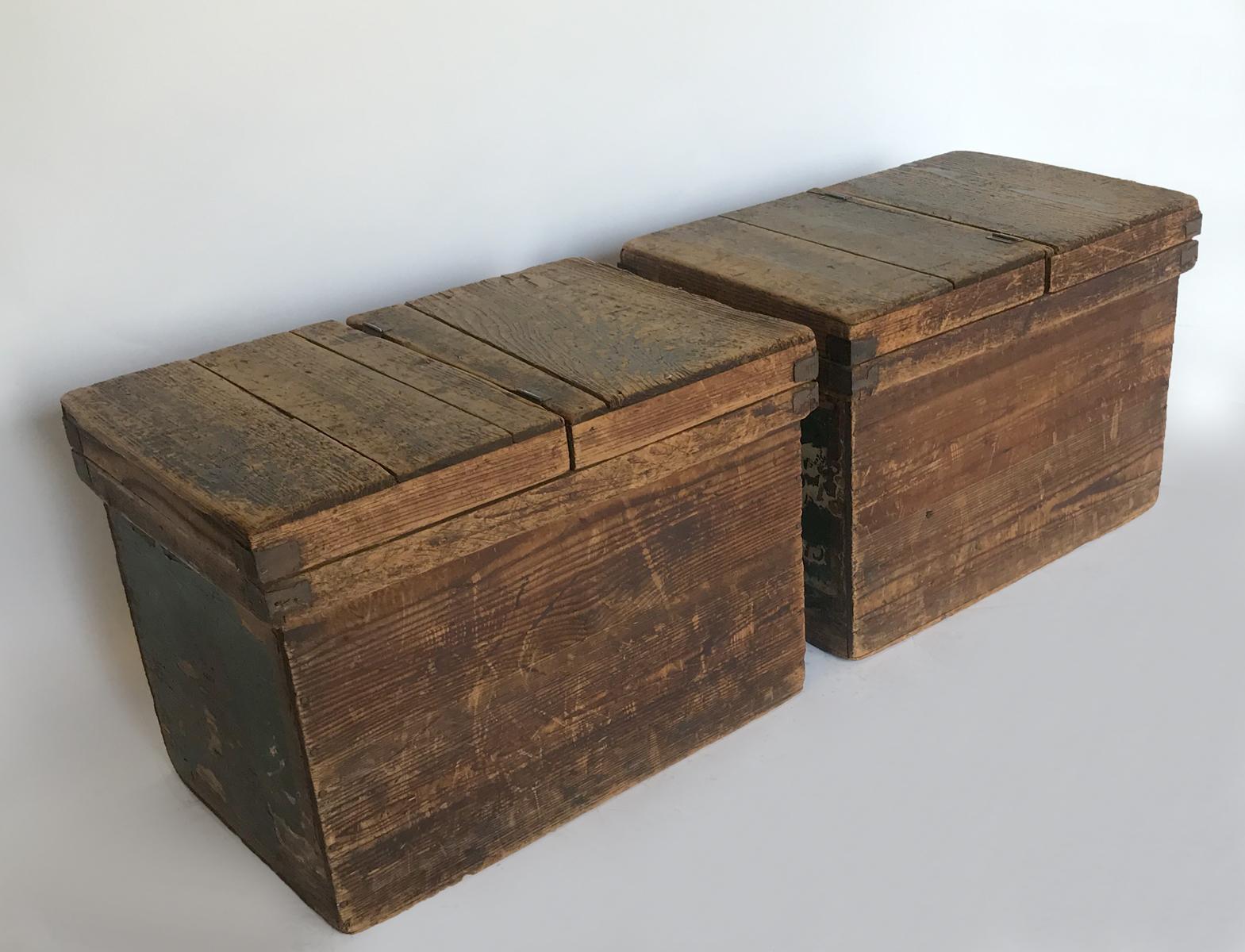 Can be sold separately. Price is for one.
These tin lined boxes are vintage and made from light weight wood. Tops lift off. Both have original labels on the side. Great as side tables or put together as a simple bench, or as a planter box, endless