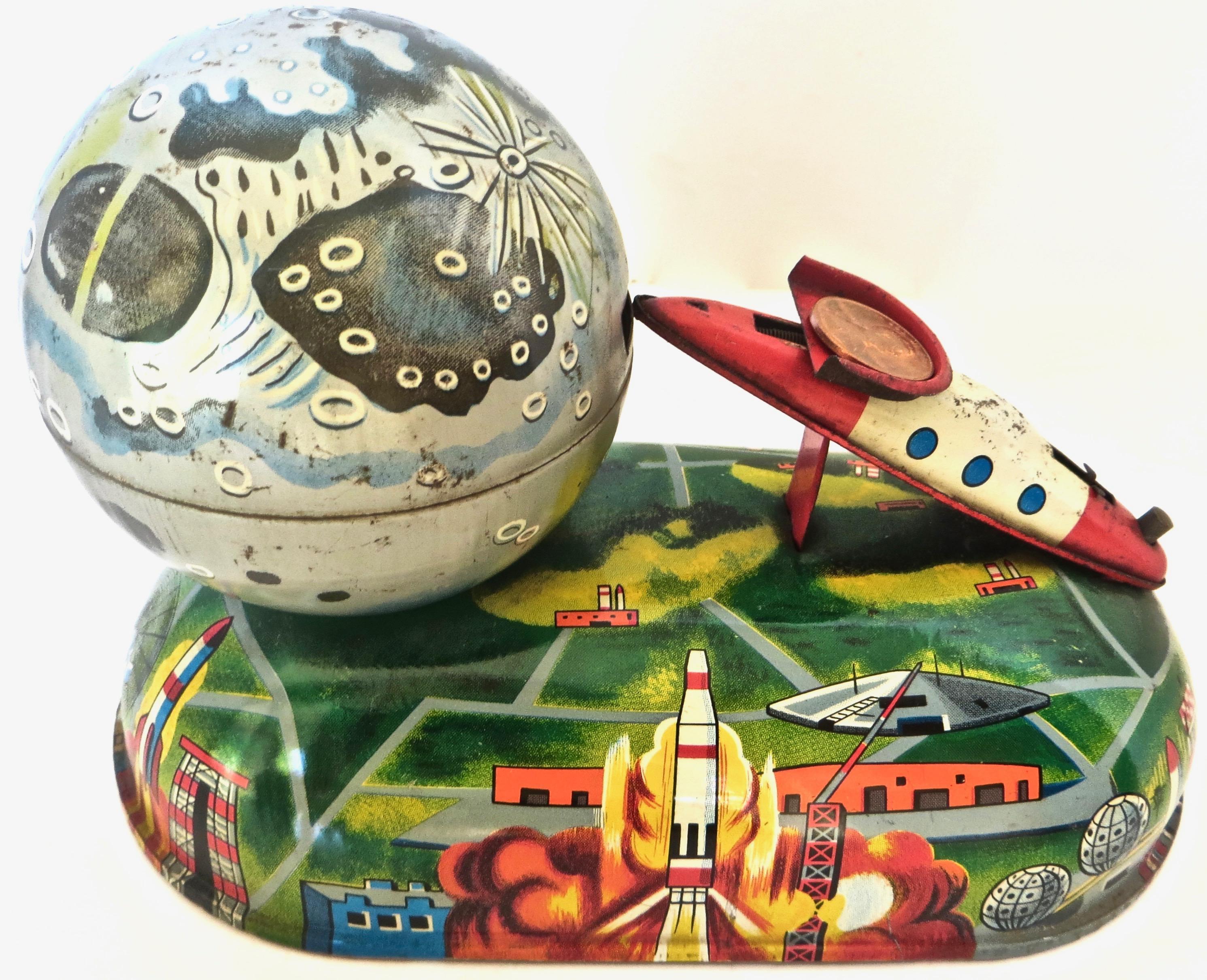 Vintage Japanese Tin Space Toy Mechanical Bank, Circa 1950's Rare In Good Condition In Incline Village, NV