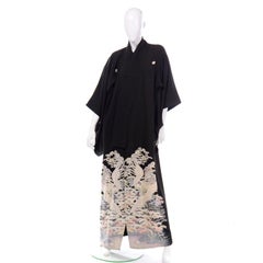 Vintage Japanese Tomesode Kimono in Black Silk With Crane Print & Mons