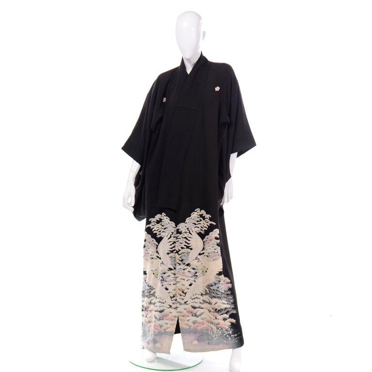Vintage Japanese Tomesode Kimono in Black Silk With Crane Print and ...