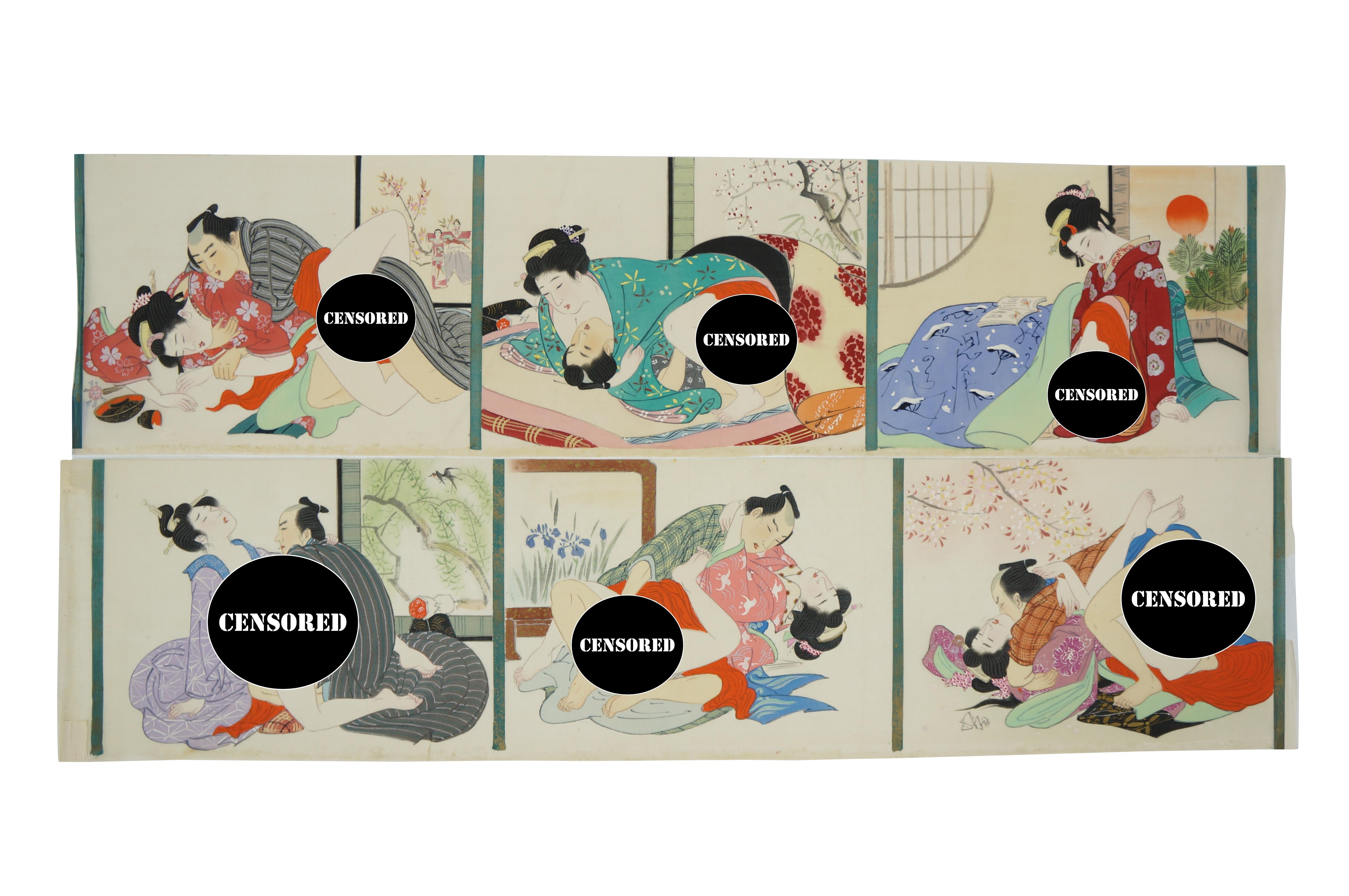 Große Vintage Mitte des 20. Jahrhunderts Ukioo-e Stil Shunga / japanische erotische Schriftrolle mit sechs Tafeln von amourösen Szenen im Stil des Kama Sutra Hand auf Seide mit grünen und goldenen Band Trennzeichen gemalt.

Shunga (春画) ist eine Form