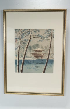 Vintage Japanese Ukiyo-e Print of Kinkaku-ji in Snow by Tokuriki Tomikichiro