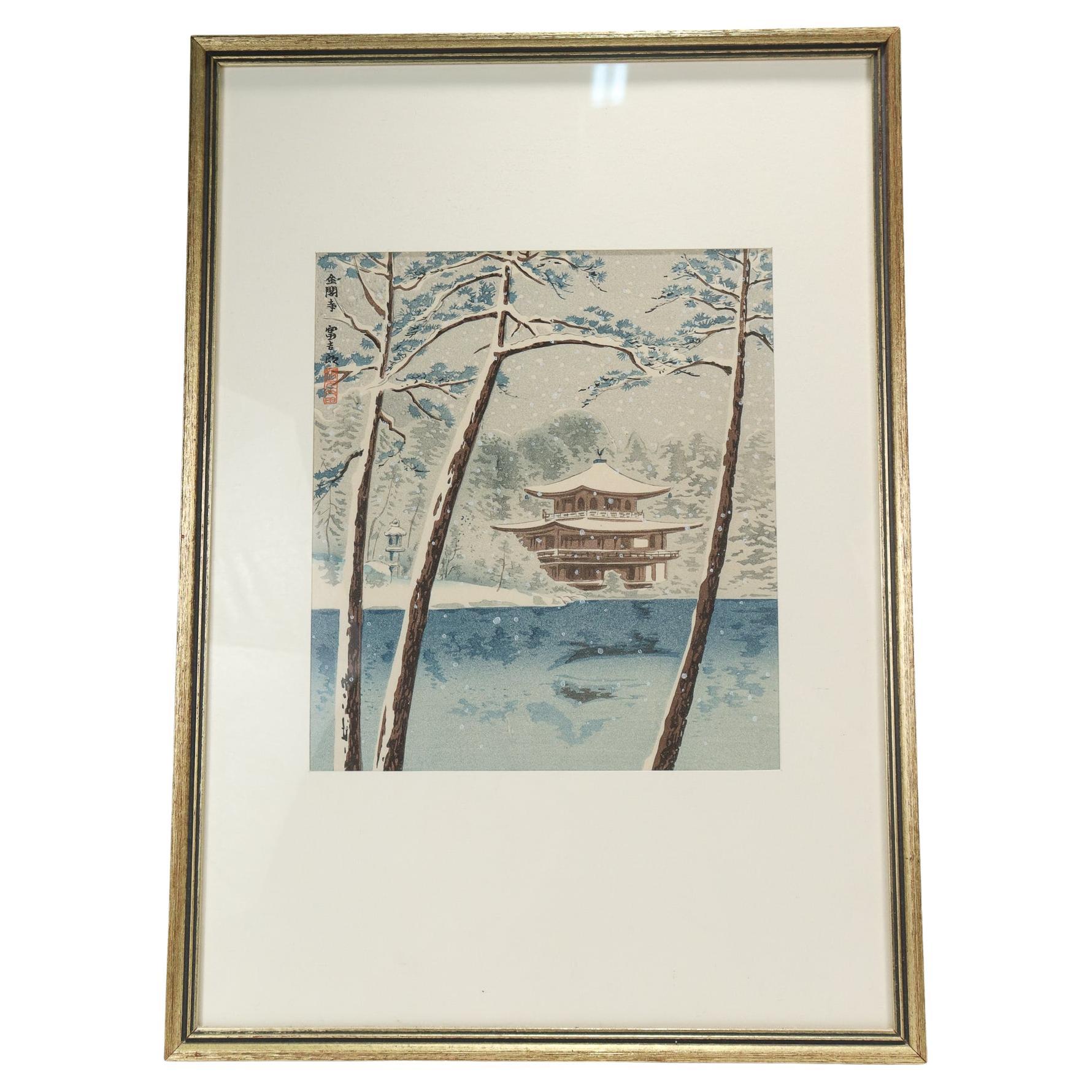 Vintage Japanese Ukiyo-e Print of Kinkaku-ji in Snow by Tokuriki Tomikichiro