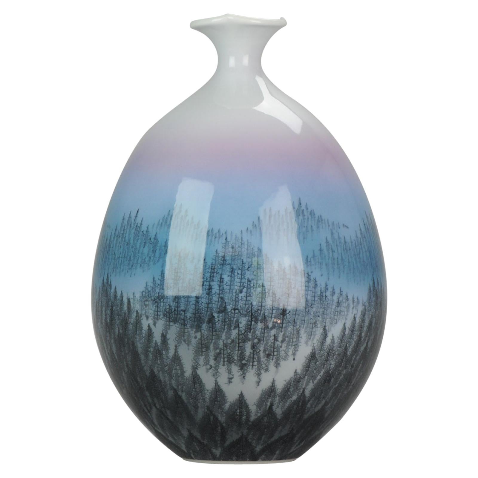 Vase japonais vintage Arita, artiste Fujii Shumei Paysage d'hiver né en 1936