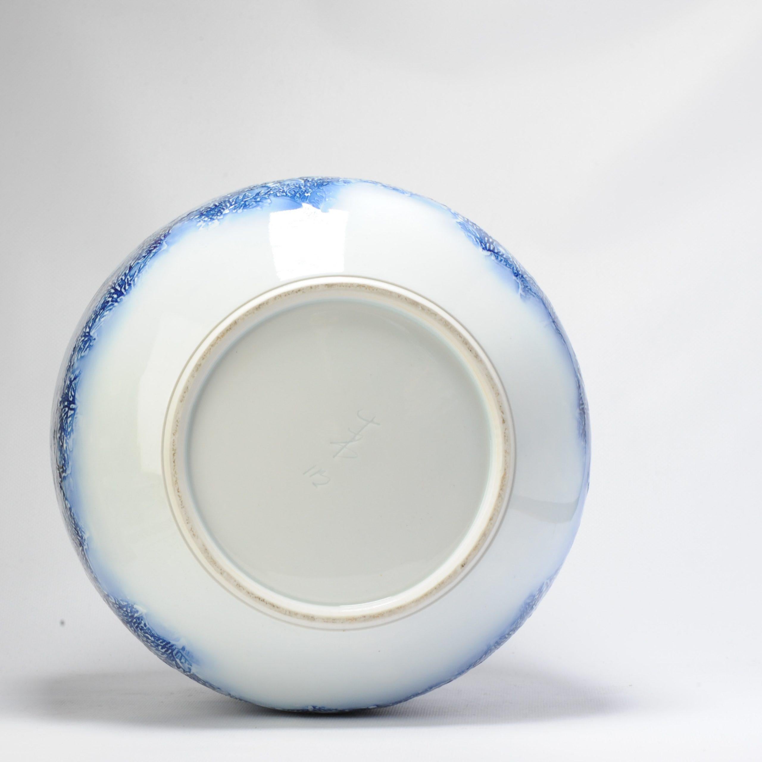 Ein wunderschönes und seltenes Stück.

Prächtige blau-weiße Porzellanvase mit einer Winterlandschaft. Hergestellt von Fuji Shumei

Fujii Herr Aki Fujii hat sich auf die Technik spezialisiert, einen Berg zu zeichnen, indem er die Adern eines Blattes