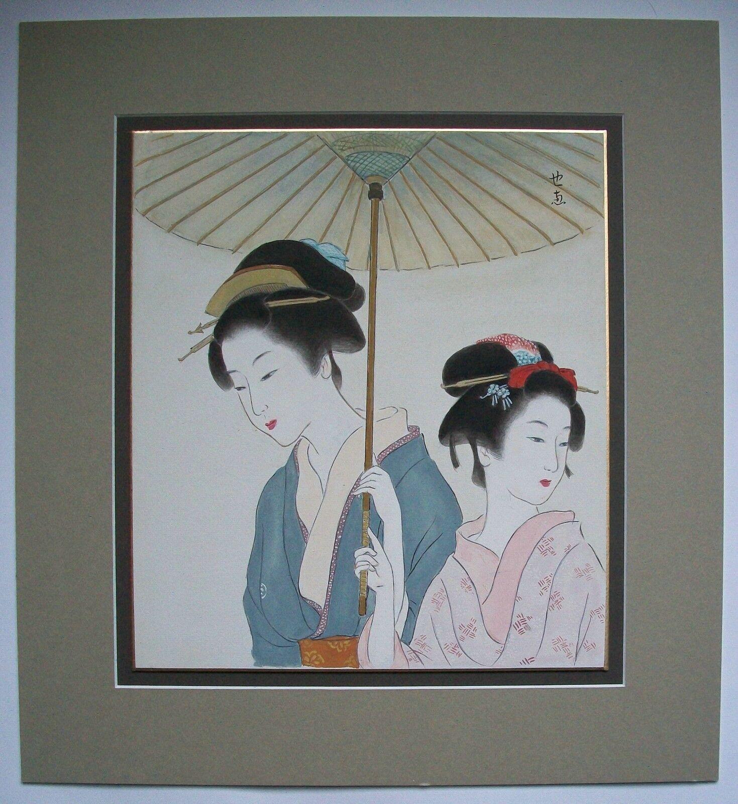 Japanisches Vintage-Aquarellgemälde zweier Geisha, signiert, spätes 20. Jahrhundert im Angebot 6