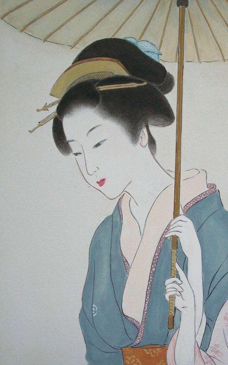 Vintage Japanese Watercolor Painting of Two Geisha, Signed, Late 20th