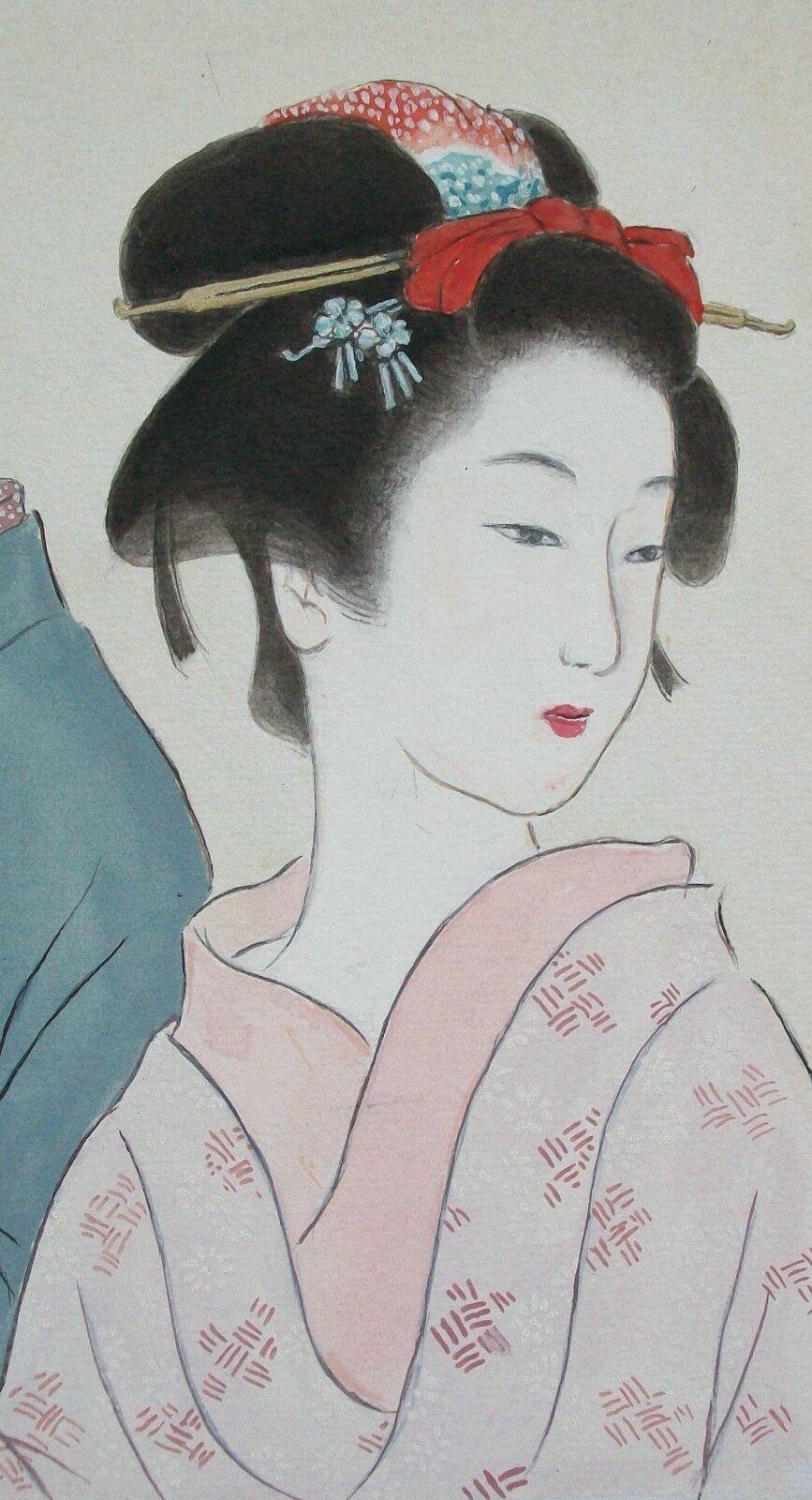 Japanisches Vintage-Aquarellgemälde zweier Geisha, signiert, spätes 20. Jahrhundert (Handbemalt) im Angebot