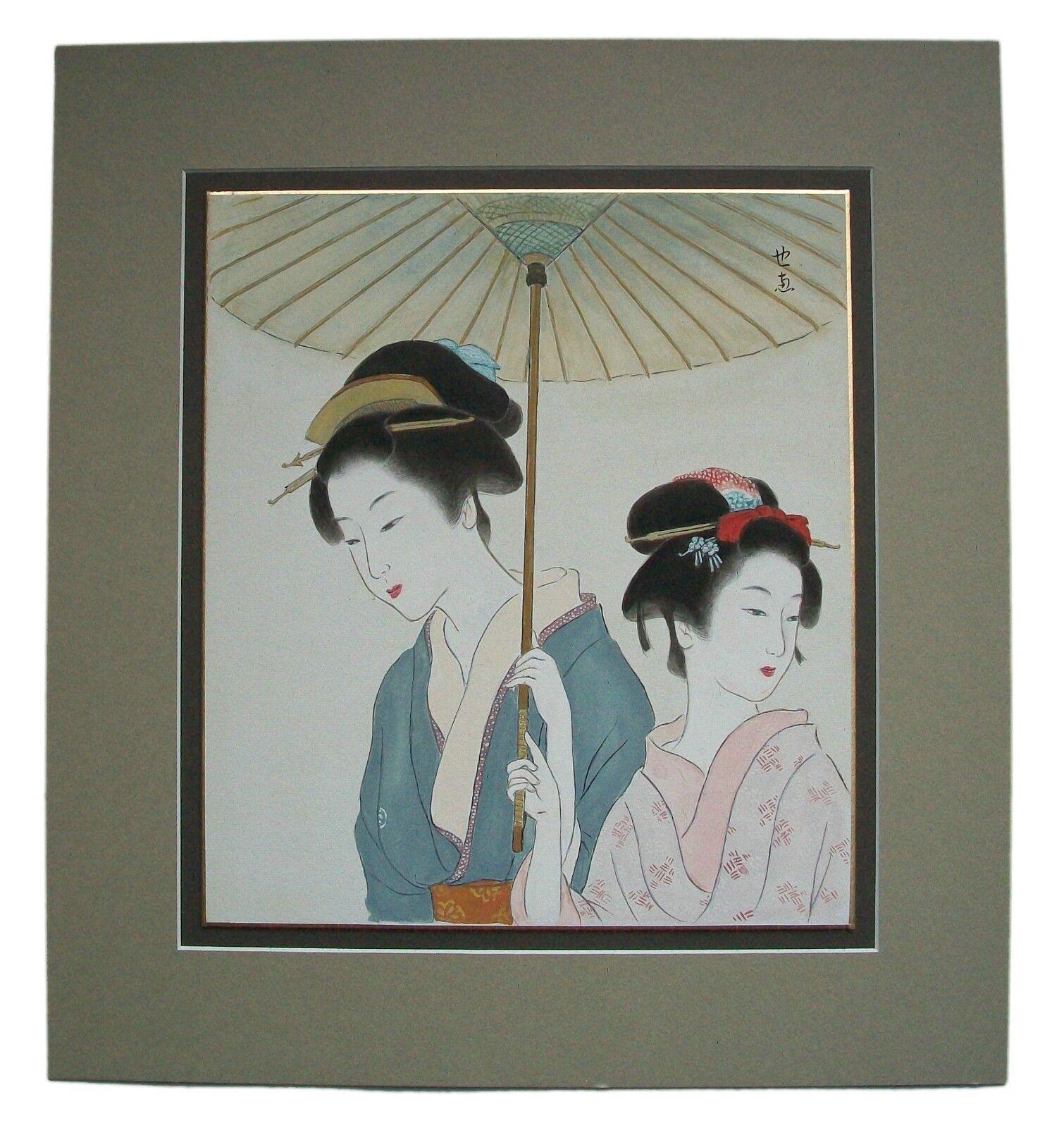 Japanisches Vintage-Aquarellgemälde zweier Geisha, signiert, spätes 20. Jahrhundert (Farbe) im Angebot