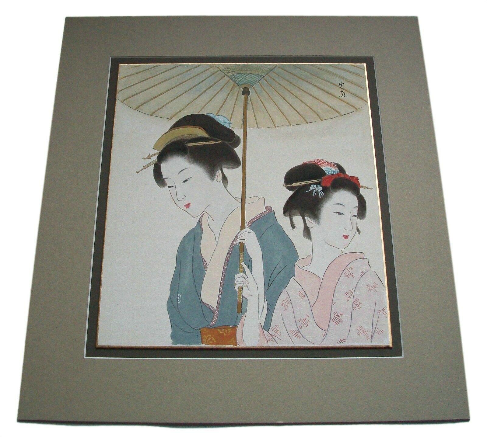 Hand-Painted Vintage Japanese Watercolor Painting of Two Geisha, Signed, Late 20th Century For Sale