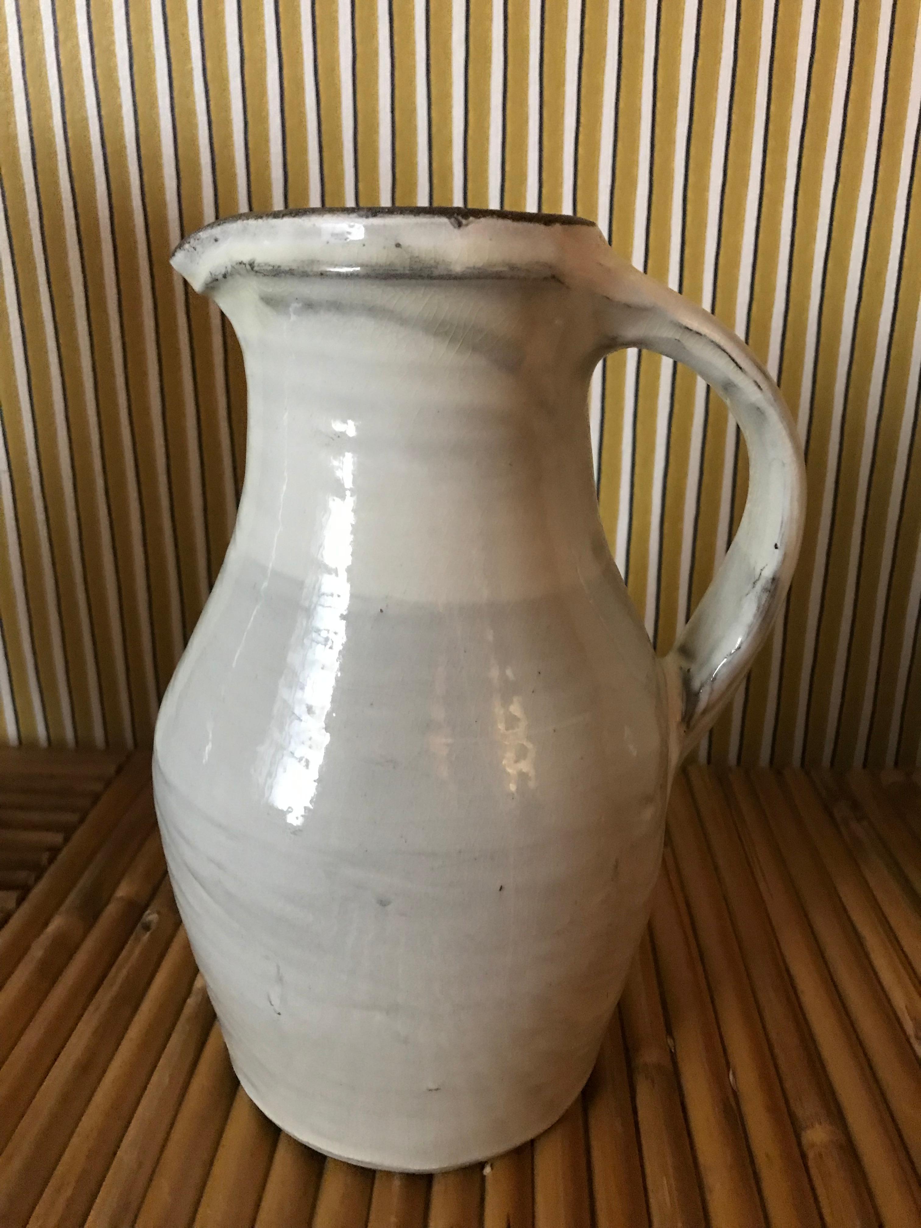Contemporary Vintage Japanese White Glazed Pitcher Made, Potters of The Onta Pottery Village
