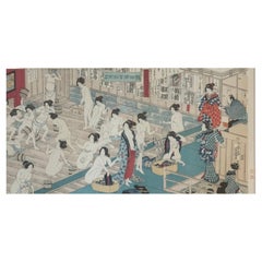 Vintage Japanese Woodblock Print "Interior of a Public Bath" by Utagawa Yoshiiku