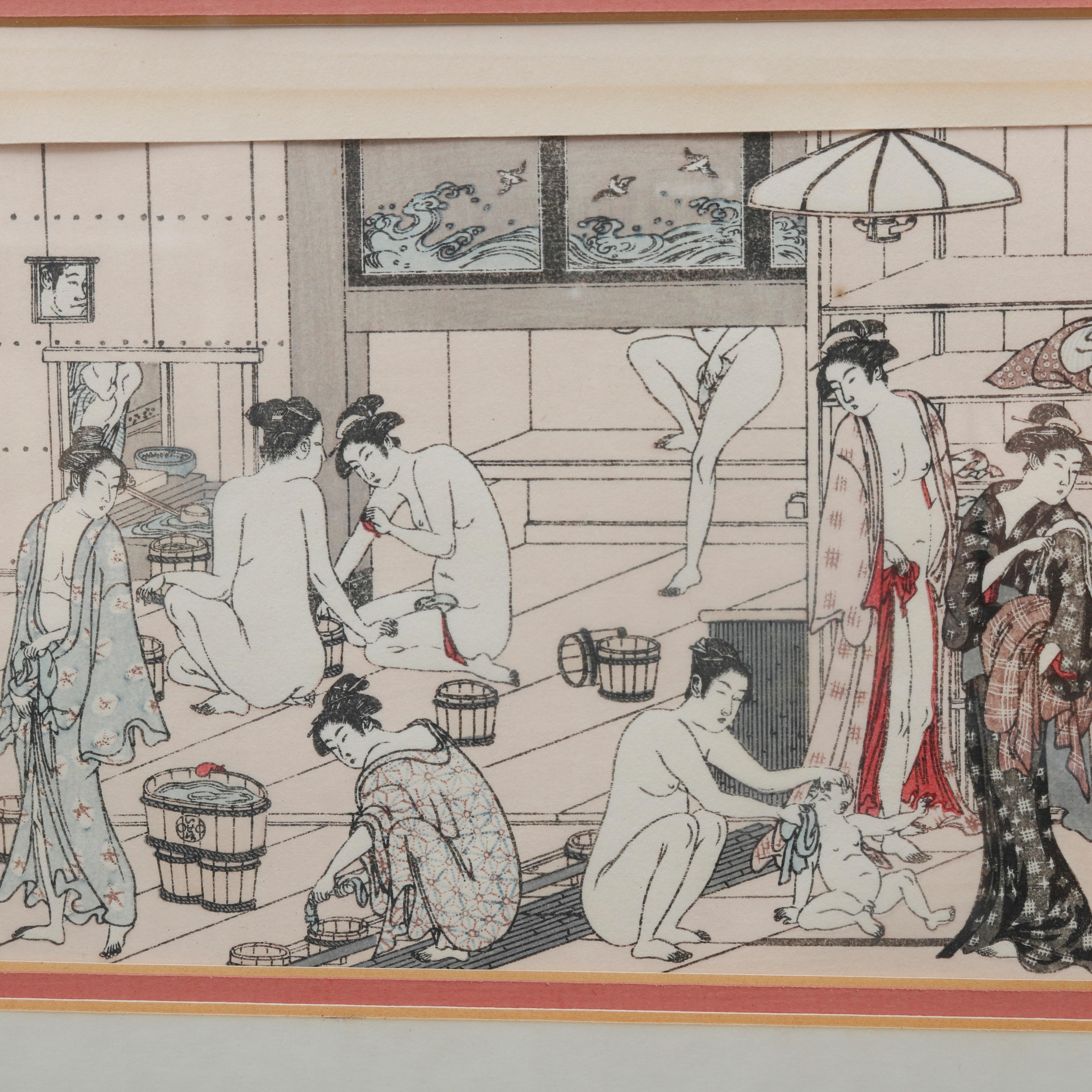 A vintage Japanese woodblock print depicts bath house with partially nude female figures, framed, 20th century.

Measures: 10.75