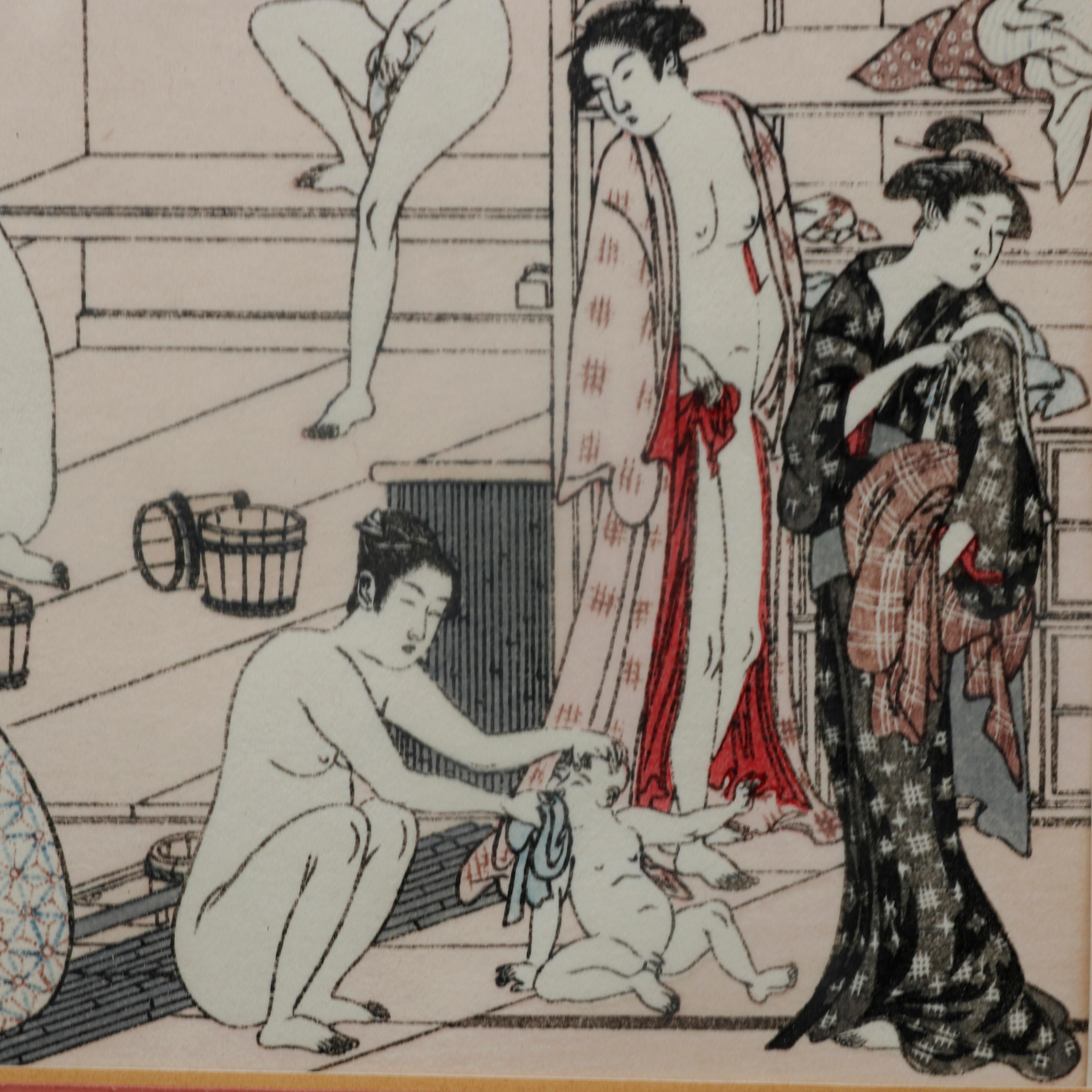Carved Vintage Japanese Woodblock Print of Bath House with Figures, 20th Century